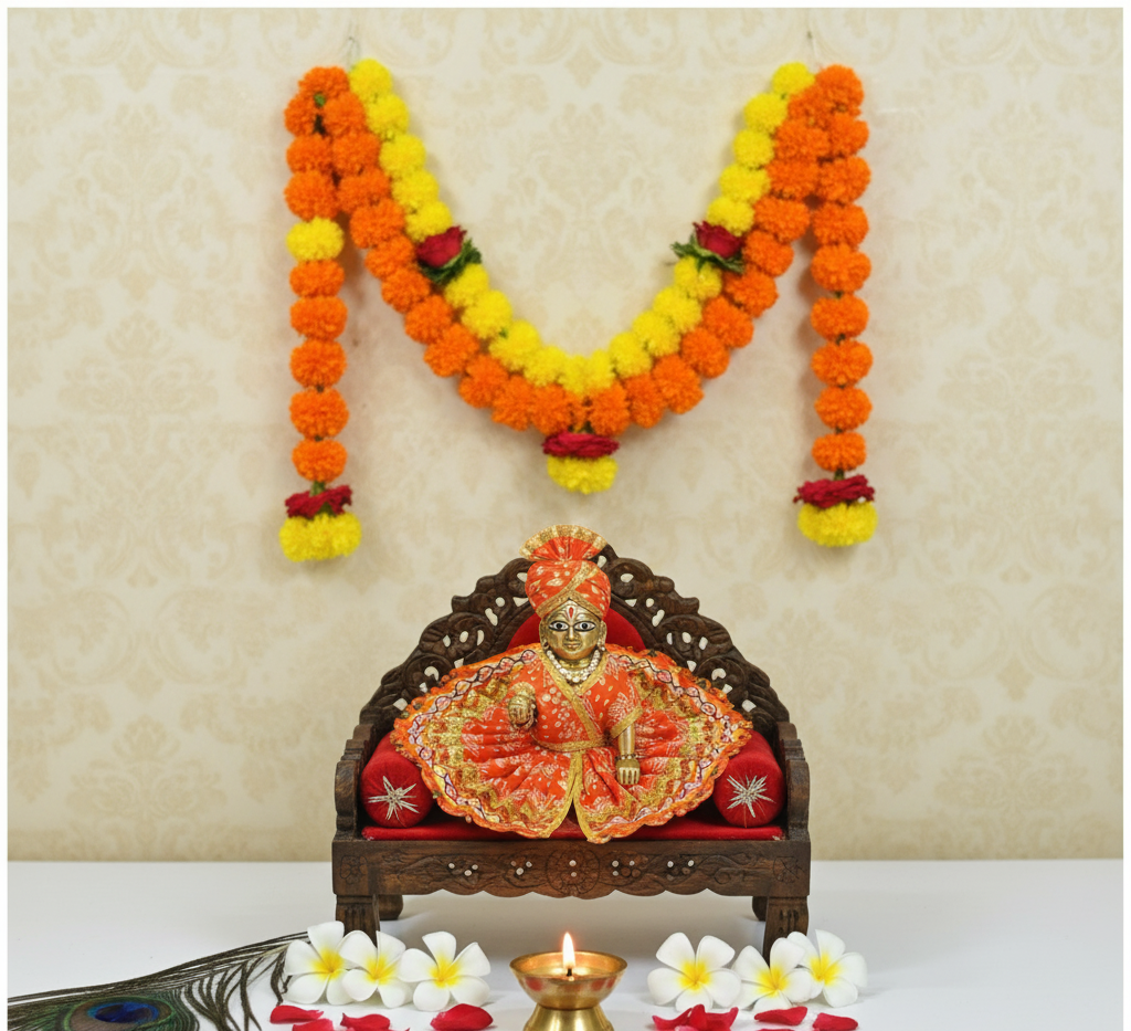 Yugalkishor Shringar Festive Orange Zari-Lace Poshak