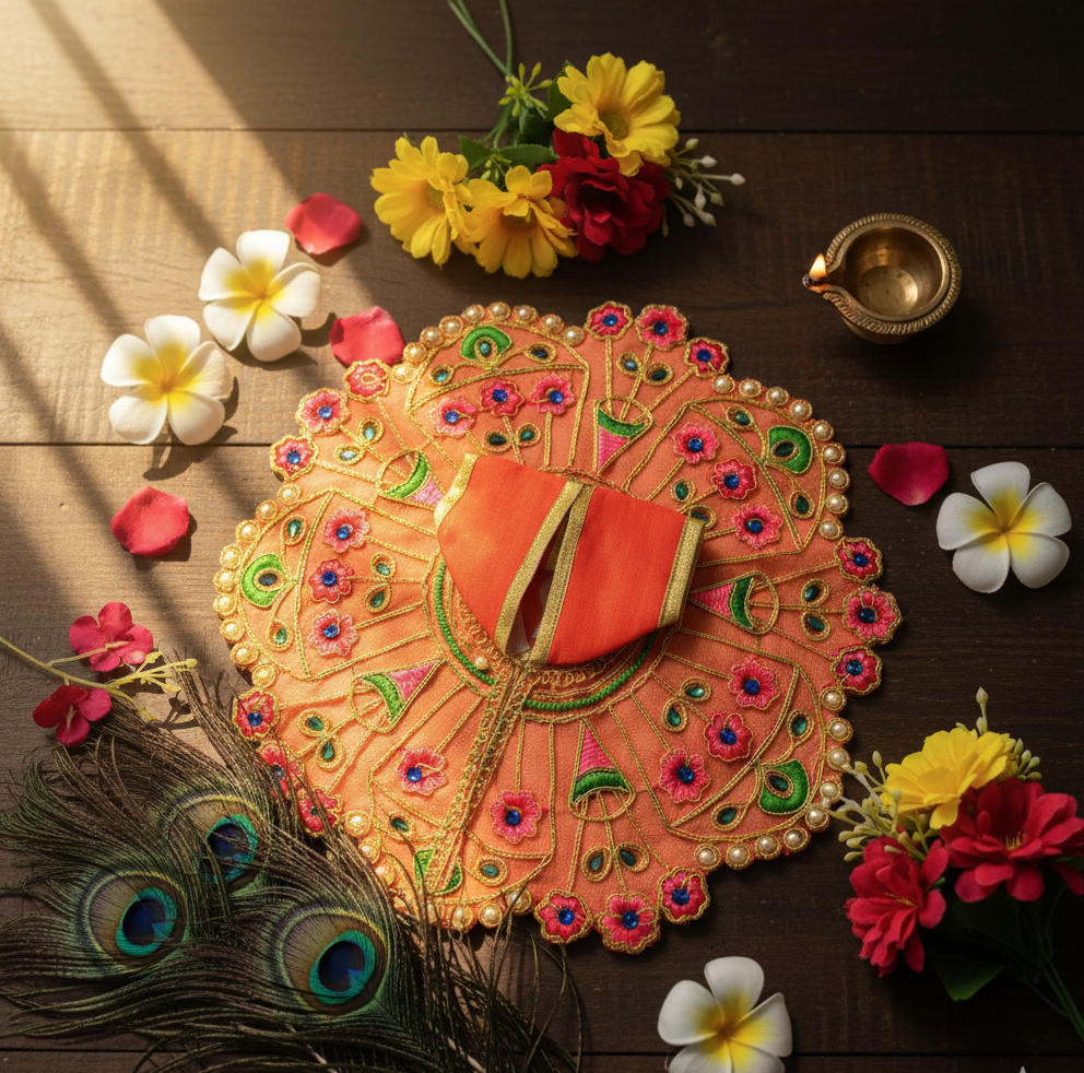 Yugalkishor Shringar Lightweight Peach Bloom Deity Dress - Image 2