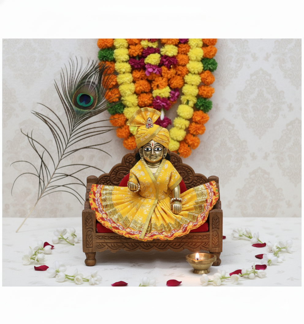 Yugalkishor Shringar Radiant Yellow Silk Poshak with Zari Work