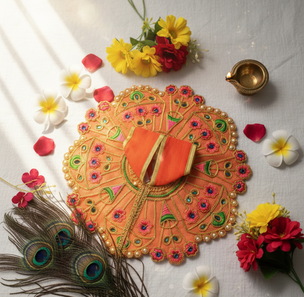 Yugalkishor Shringar Lightweight Peach Bloom Deity Dress - Image 3