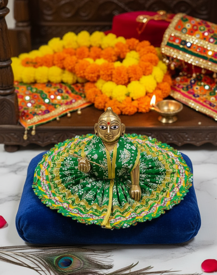 Yugalkishor Shringar Hariyaali Block-Print Poshak for Laddu Gopal