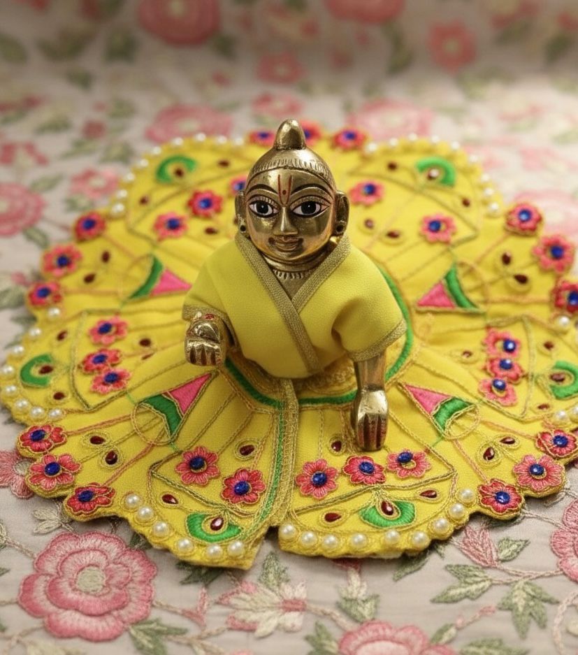 Yugalkishor Shringar Comfort Yellow Daily Seva Poshak with Pearl Trim (Clear and directly emphasizes comfort and daily use.)